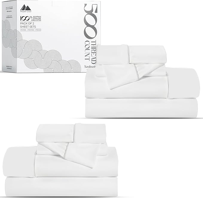 Mayfair Linen 100% Egyptian Cotton 2 Pack Twin Sheet Set - 500 Thread Count Cotton Sheets Twin Size (6 PC, White), Extra Soft, Cooling, Sateen Weave, 16" Deep Pocket College Dorm Room Bed Sheet