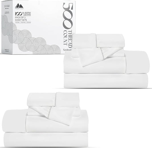 Mayfair Linen 100% Egyptian Cotton 2 Pack Twin Sheet Set - 500 Thread Count Cotton Sheets Twin Size (6 PC, White), Extra Soft, Cooling, Sateen Weave, 16" Deep Pocket College Dorm Room Bed Sheet