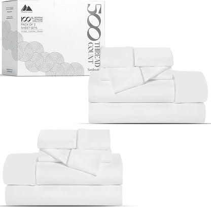 Mayfair Linen 100% Egyptian Cotton 2 Pack Queen Sheet Set - Luxury 500 Thread Count Cotton Sheets Queen Size (8 PC, White), Soft, Cooling, Sateen Weave, 16" Deep Pocket Hotel Quality Bed Sheet Set