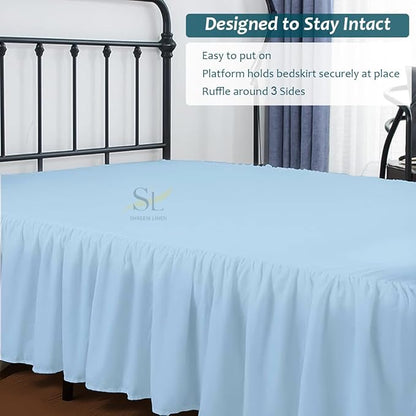 Shreem Linen Ruffled Bed Skirt with Split Corners, Gathered Style, 100% Microfiber, 24-Inch Drop, Dust Ruffle Bedskirt with Platform, Full, Light Blue