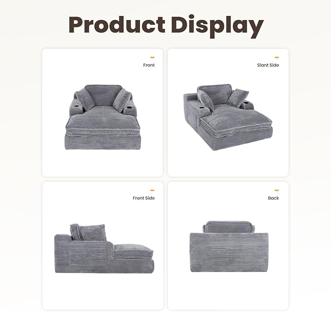 67" Chaise Lounge Chair Indoor, Cozy Oversized Fluffy Sofa with Cup Holders & Throw Pillows, Boneless Sleeper Cloud Couch for Living Room, Movie Room and Apartments, Grey