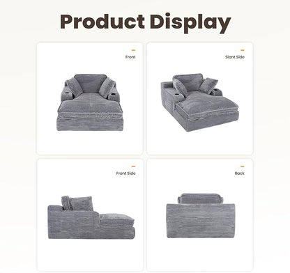 67" Chaise Lounge Chair Indoor, Cozy Oversized Fluffy Sofa with Cup Holders & Throw Pillows, Boneless Sleeper Cloud Couch for Living Room, Movie Room and Apartments, Grey