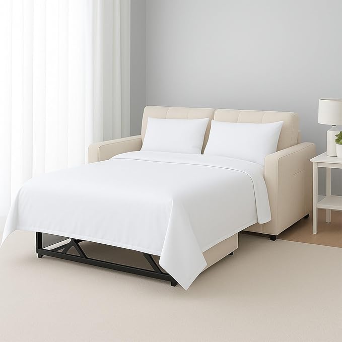 Sleeper Sofa Bed Sheet Set – Full Size, 100% Cotton, 338 Thread Count – 4-Piece Sofa Bed Sheets – Fits Mattresses Up to 6” Deep – Soft & Durable Pull-Out Couch Sheets (White Solid)
