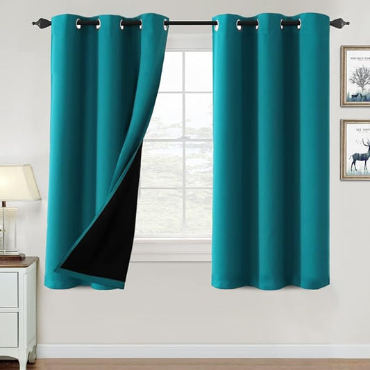 H.VERSAILTEX 100% Blackout Curtains for Bedroom Thermal Insulated Blackout Curtains 63 inch Length Heat and Full Light Blocking Curtains for Living Room with Black Liner 2 Panels, Turquoise Blue