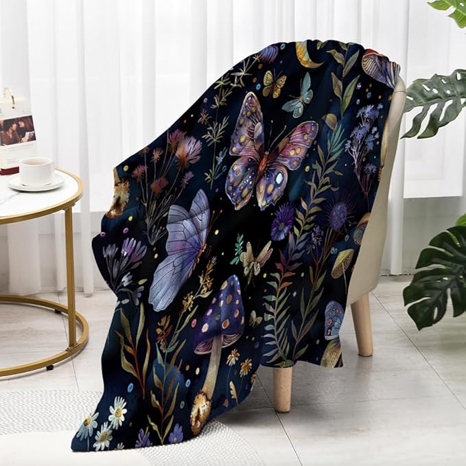 Celestial Witch Garden Throw Blankets Butterfly Moon Flower Fleece Throw Blanket,Dark Botanical Floral Plant Boho Cozy Decor Nap Blankets for Sofa Bed Couch Chair or Dorm Throws 50"x60"
