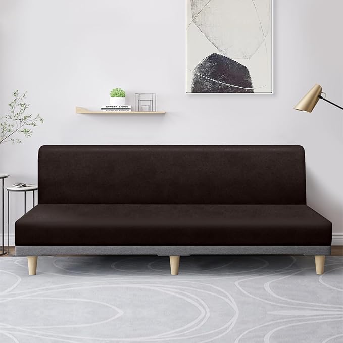 molasofa Leather Like Stretch Futon Slipcover Armless Sofa Cover Furniture Protector with Elastic Bottom, Soft and Washable Futon Cover for Sofa Bed （Extra Large，Chocolate）