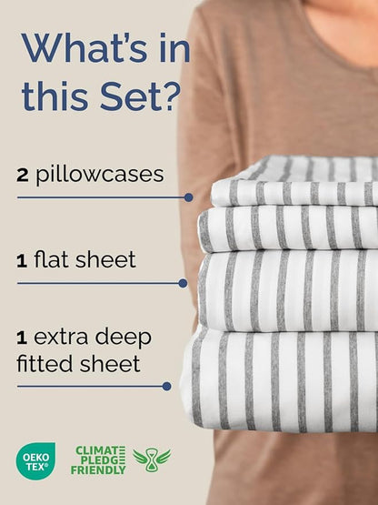 Extra Deep Pocket King Sheets - 4 Piece Breathable & Cooling Bed Sheets - Hotel Luxury Bed Sheet Set - Soft, Wrinkle Free & Comfy - Easily Fits Extra Deep Mattresses - Deep Pocket Grey Striped Sheets
