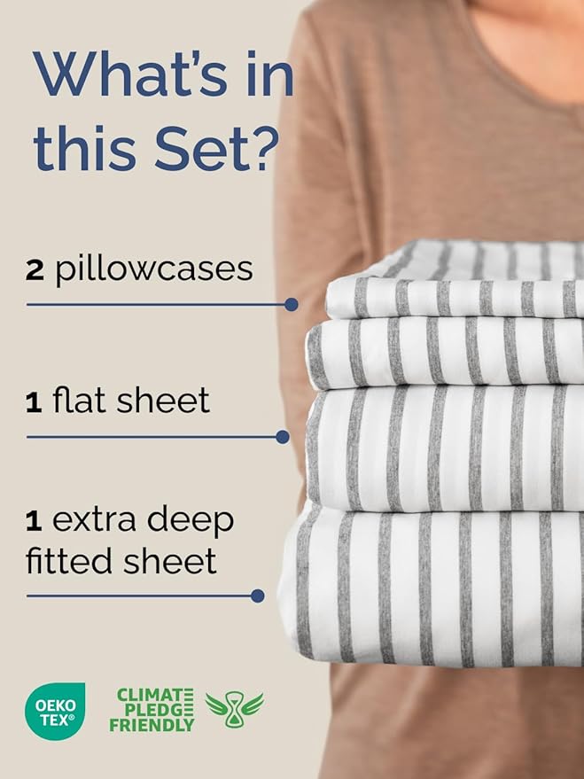 Extra Deep Pocket Cal King Sheets - 4 Piece Breathable & Cooling Bed Sheets - Hotel Luxury Bed Sheet Set - Soft, Wrinkle Free & Comfy - Easily Fits Extra Deep Mattresses - Grey Striped Sheets Set
