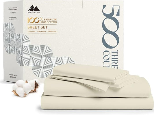 Mayfair Linen 500 Thread Count Full Cotton Sheets - 4 PC Full Size Bed Sheet Set Cotton (Sand), Soft, Cooling, Sateen Hotel-Quality 16" Deep Pocket Bedsheet for Hot Sleepers (Fits 18" Mattress)
