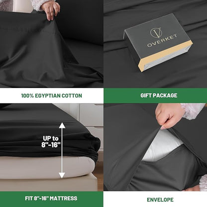 Egyptian Cotton Sheets Full Size 4PCS 1000 Thread Count Sateen Weave Soft Breathable 16-Inch Deep Pocket （Full,Black）