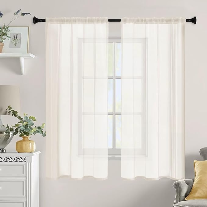 Sheer Curtains 54 Inches Long 2 Panels, Rod Pocket Short Curtain for Kitchen, Bedroom, Cafe Window(Ivory 38" W x 54" L)