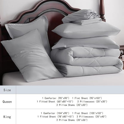 NTBAY King Comforter Set with Sheets, 7 Pieces Soft and Breathable King Bedding Set, Bed in a Bag, Down Alternative Comforter Set Solid Color All Season, King Bedding Set, Light Grey