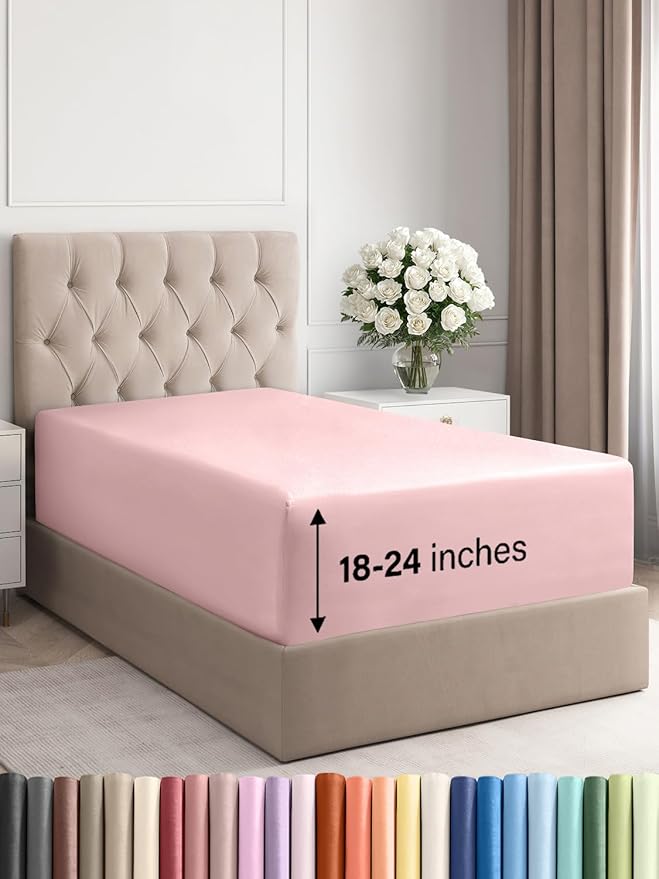 Extra Deep Twin Fitted Sheet - Hotel Luxury Single Fitted Sheet Only - Easily Fits 18 inch to 24 inch Mattress - Ultra Soft, Wrinkle & Fade Free w/Extra Deep Pockets - Breathable & Comfy - Baby Pink