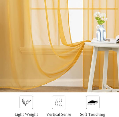 MIULEE 2 Panels Solid Color Sheer Window Curtains Elegant Window Voile Fall Panels/Drapes/Treatment for Bedroom Living Room (54X45 Inches Gold)