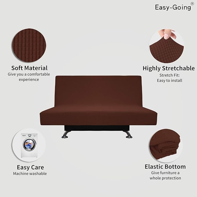 Easy-Going Stretch Futon Sofa Slipcover Armless Sofa Bed Cover Furniture Protector Without Armrests with Elastic Bottom for Kids,Soft Jacquard Small Checks（Medium Futon,Coffee