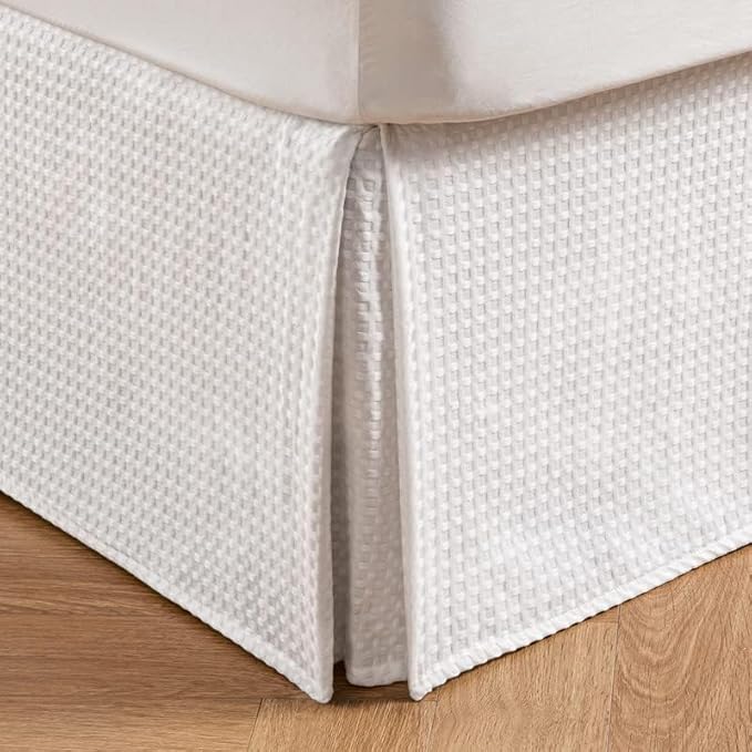 MIYE Pleated Waffle Weave Bed Skirt, Tailored Dust Ruffle 18 Inch Drop Easy Fit, Machine Washable (White, King - 18" Drop)