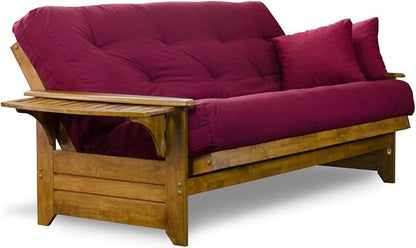 Nirvana Futons Brentwood Tray Arm Futon Sofabed Set - Full Frame, 8" Thick Burgundy Mattress, Rich Heritage Finish