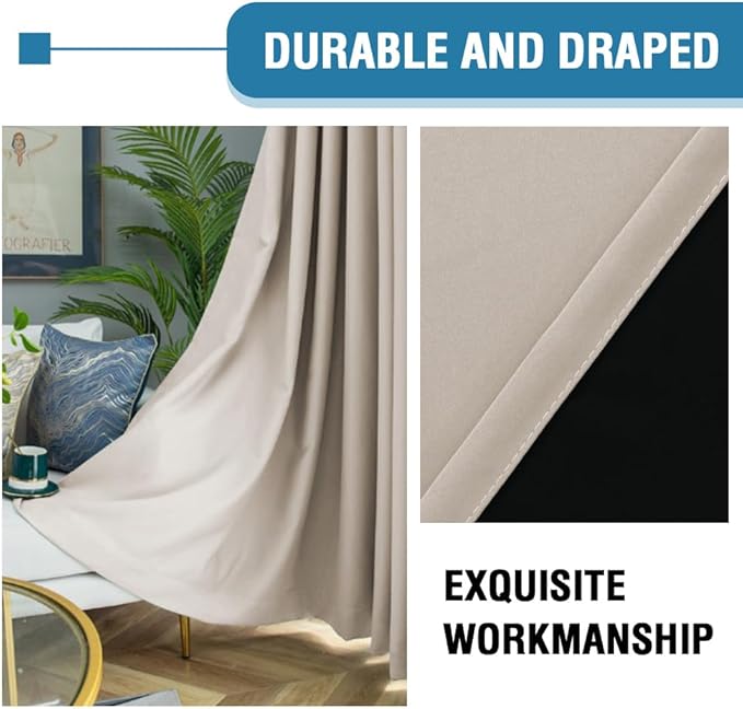 H.VERSAILTEX 100% Blackout Curtains for Bedroom Thermal Insulated Blackout Curtains Heat and Full Light Blocking Curtains for Living Room with Black Liner 2 Panels Set, 42 x 63 Inch, Natural