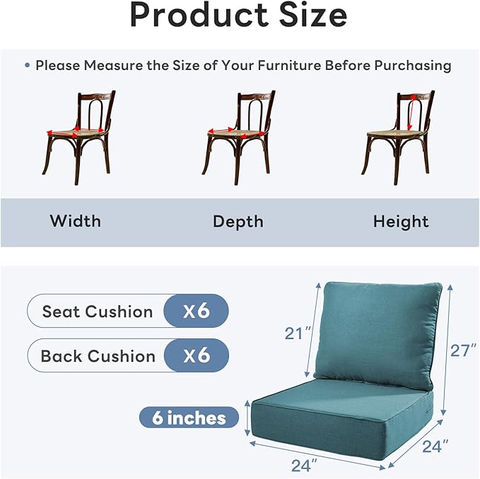 6" Thicker Outdoor Chair Cushion 6 Sets - 24" *24" *6" Waterproof Patio Furniture Cushions with Removable Cover, 28D High Density Sponge Filling Thicken Outdoor Patio Cushions - Peacock Blue
