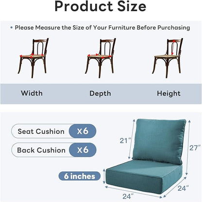 6" Thicker Outdoor Chair Cushion 6 Sets - 24" *24" *6" Waterproof Patio Furniture Cushions with Removable Cover, 28D High Density Sponge Filling Thicken Outdoor Patio Cushions - Peacock Blue