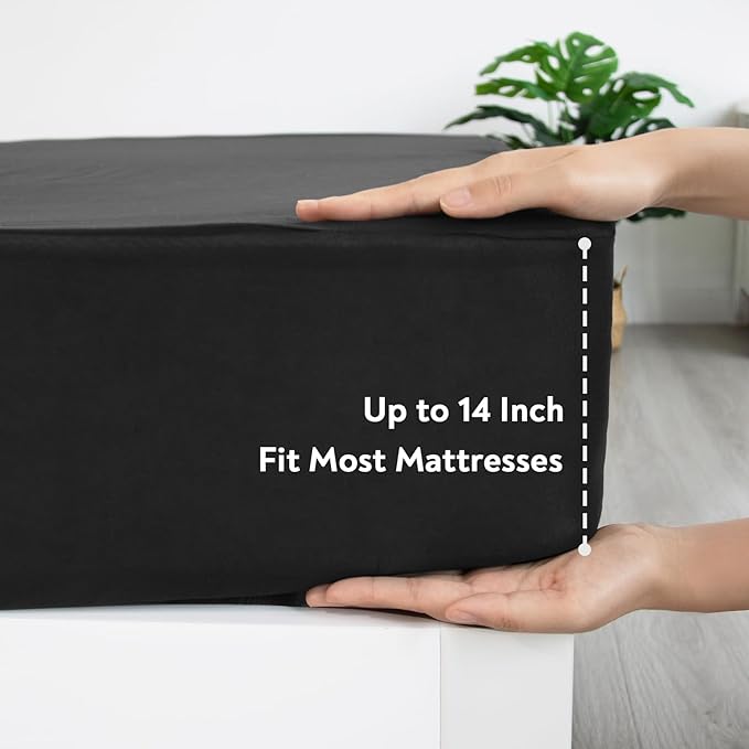 Twin Fitted Sheet Only, Super Soft & Cozy Twin Size Bed Sheets for Boys Kids with Deep Pocket to 14 Inch, Cooling Jersey Mattress Bottom Sheets,Shrinkage & Stain Resistant, Wrinkle Free, Black