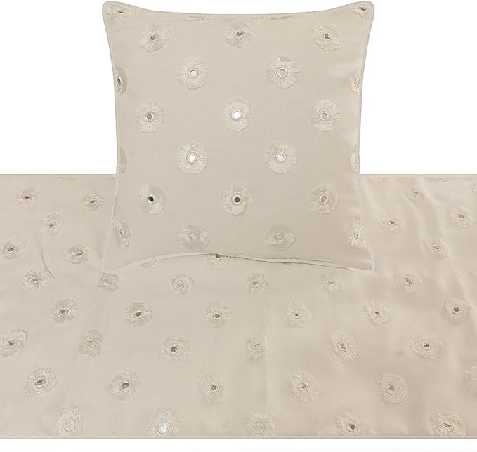 The HomeCentric King Queen Twin White Decorative King 90"x18" Bed Runner with 2 Pillow Cover, Mirror Embroidery Bed Scarf on Cotton Fabric - Mirror Lover