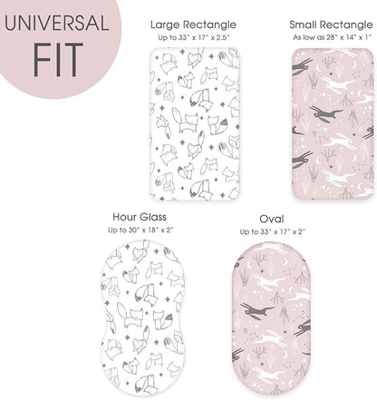 GRSSDER Stretchy Ultra Soft Fitted Bassinet Sheet Set 2 Pack, Universal Fit for Bassinets Baby Cradle Moses Basket Oval Rectangle Pad/Mattress, Cute Foxes and Rabbits Bassinet Sheets for Girls