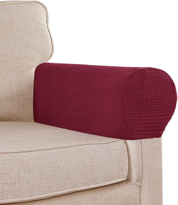 Stretch Sofa Arm Covers Spandex Jacquard Anti-Slip Couch Arm Covers with Sticker Furniture Armrest Protector for Sofa Couch Chair Recliner, 2 Pack, Burgundy Red