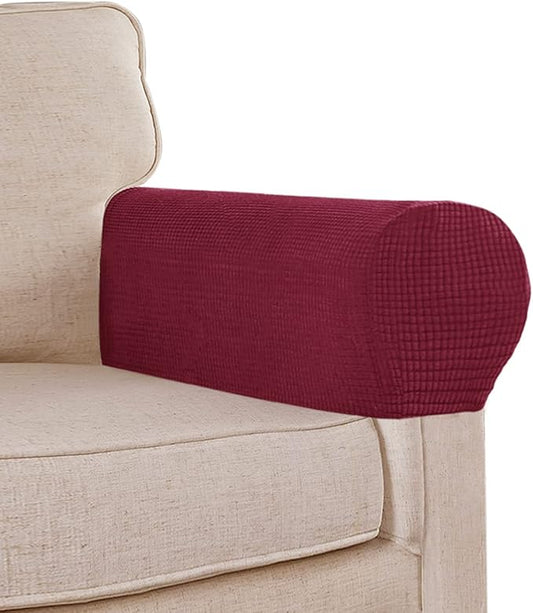 Stretch Sofa Arm Covers Spandex Jacquard Anti-Slip Couch Arm Covers with Sticker Furniture Armrest Protector for Sofa Couch Chair Recliner, 2 Pack, Burgundy Red
