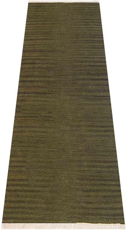 Rugsotic Carpets Hand Woven Flat Weave Kilim Wool ECO-Friendly Area Rugs - 2'6''x12', Runner Shape, Olive Color, Solid Plain Design, Low Pile Handmade Area Rugs for Living Room, Bed Room (D00111)