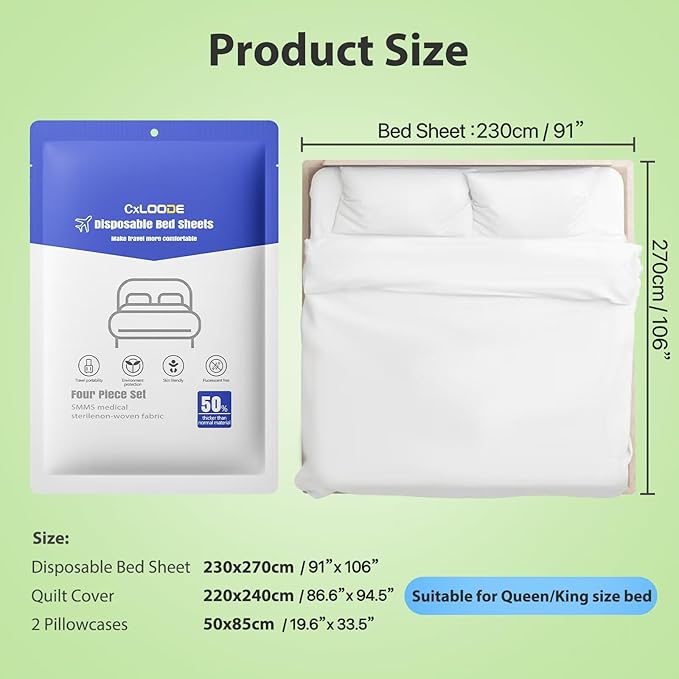 2 Pack Disposable Bed Sheets for Hotel, Portable Bedspread, Disposable Bedding Set with 2 Bed Sheet 2 Quilt Cover and 4 Pillowcase for Travel