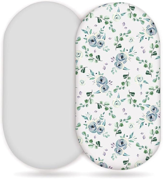 Stretchy Ultra Soft Fitted Bassinet Sheet Set 2 Pack, Universal Cradle Sheet Set for Rectangle, Oval, or Hourglass Bassinet Pad/Mattress, Blue Rose for Girls and Boys