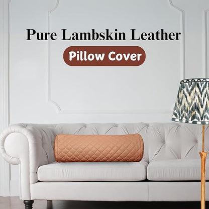 Neck Roll Pillow Cushion Cover, 18x6 Inch Full Moon Round Bolster Pillow Case, Cylinder Soft Lambskin Leather Pillowcase for Head, Spine & Neck Support During Sleep - Quilted Beige Pack of 1