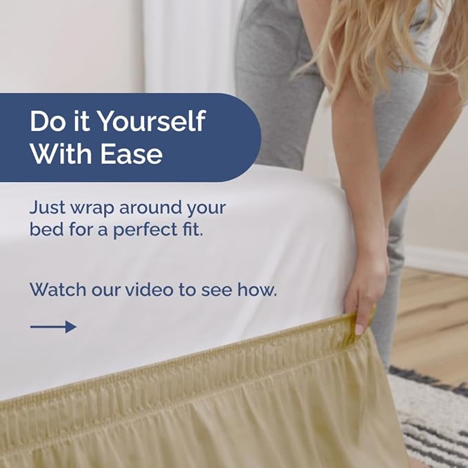 Wrap Around Dust Ruffle Bed Skirt - Beige - for Queen Size Beds w/ 16 Inch Drop - Easy Fit Elastic Strap - Adjustable Pleated Bedskirt w/Brushed Fabric, Wrinkle & Fade Free Women, Men, Kids & Teens
