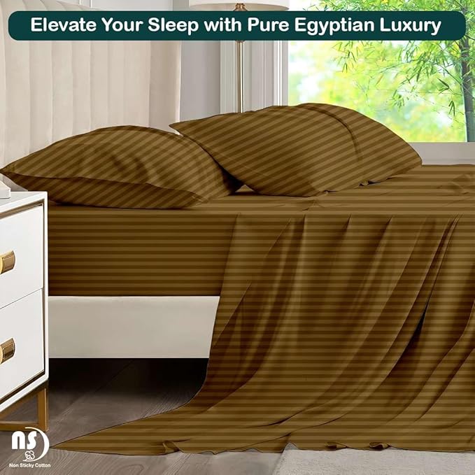 NON Sticky cotton Queen Size Sleeper Sofa Sheets, 4 Piece Egyptian Cotton Bed Sheet Set for Sofa Bed, 7" Deep Pocket for Pull Out Couch Mattress, 60" x 75", Taupe Stripe, Soft & Breathable