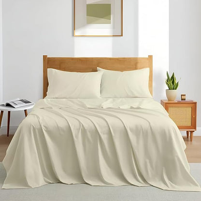 Queen Sheet Set - Luxury 338 Thread Count Sateen, 100% Egyptian Cotton Deep Pocket Queen Sheets with All Around Elastic for a, Hotel Quality Bedding Set (Ivory Solid)