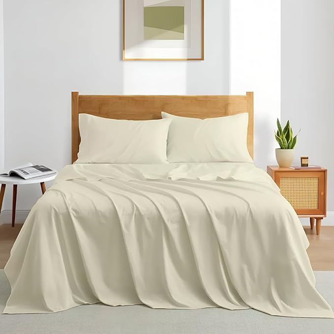 Olympic Queen Sheet Set – 100% Egyptian Cotton, 338 Thread Count – 4-Piece Luxury Super Queen Sheets – Soft & Breathable – 16” Deep Pocket Fitted Sheet, 1 Flat Sheet, 2 Pillowcases (Ivory Solid)