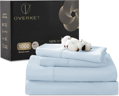 1000 Thread Count Egyptian Cotton Sheets Queen Size Set Sateen Weave Soft Breathable 16-Inch Deep Pocket 4PCS（Queen,Light Blue）