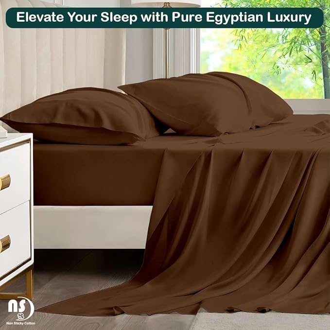 NON Sticky cotton Queen Size Sleeper Sofa Sheets, 4 Piece Egyptian Cotton Bed Sheet Set for Sofa Bed, 8" Deep Pocket for Pull Out Couch Mattress, 60" x 75", Chocolate Solid, Soft & Breathable