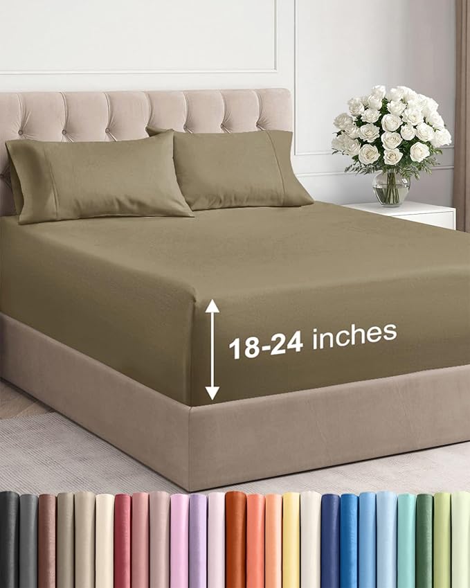 Extra Deep Pocket Full Sheets - 4 Piece Breathable & Cooling Bed Sheets - Hotel Luxury Bed Sheet Set - Soft, Wrinkle Free & Comfy - Easily Fits Extra Deep Mattresses - Deep Pocket Khaki Sheets Set