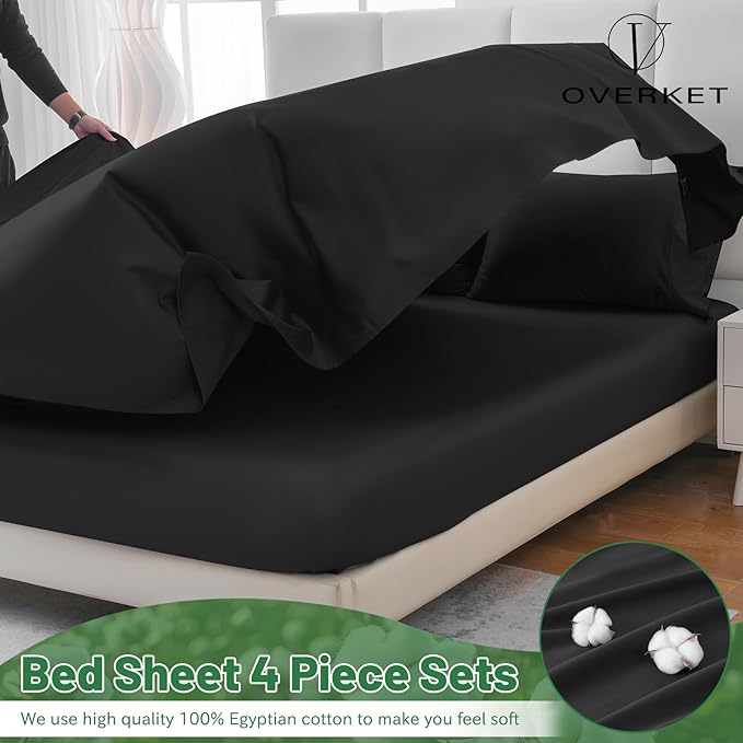 Egyptian Cotton Sheets Full Size 4PCS 1000 Thread Count Sateen Weave Soft Breathable 16-Inch Deep Pocket （Full,Black）