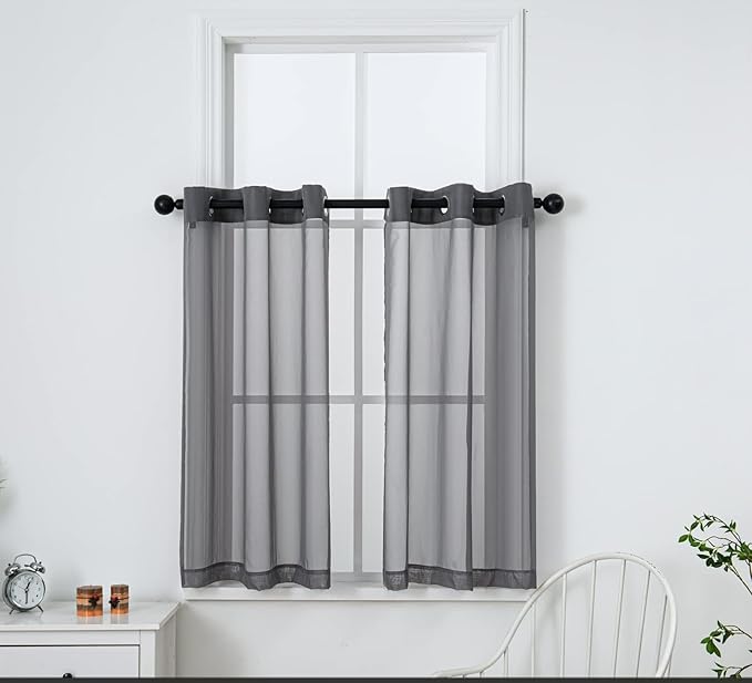 PI Dark Grey Sheer Curtains 45 Inches Length with Eyelets,Voile Light Filtering Small Window Curtains for Kitchen/Bathroom/Farmhouse/Basement 2 Panels(Dark Grey,W42XL45)