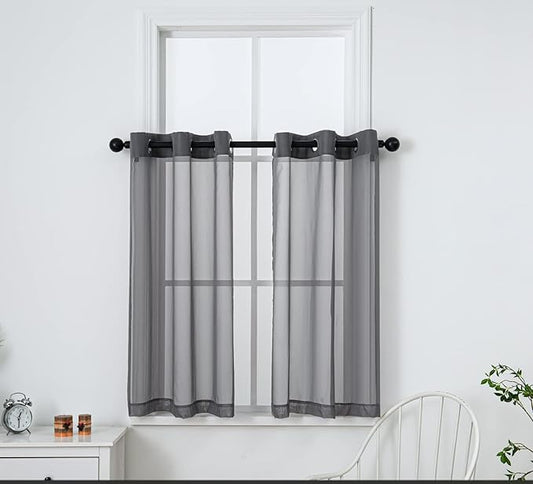 PI Dark Grey Sheer Curtains 45 Inches Length with Eyelets,Voile Light Filtering Small Window Curtains for Kitchen/Bathroom/Farmhouse/Basement 2 Panels(Dark Grey,W42XL45)