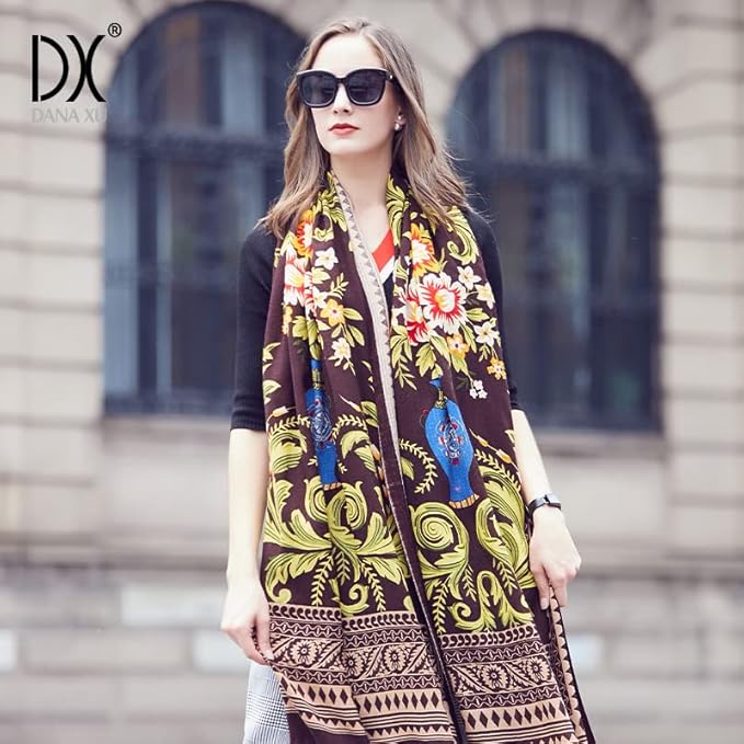 DANA XU 100% Merino Wool Pashmina Shawl for Women 96"x43", Oversized Cashmere Wrap with Tassels, Floral Travel Blanket Cape
