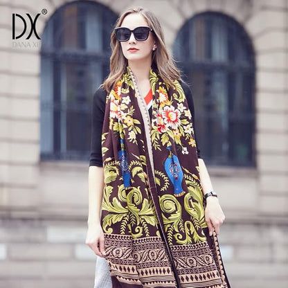 DANA XU 100% Merino Wool Pashmina Shawl for Women 96"x43", Oversized Cashmere Wrap with Tassels, Floral Travel Blanket Cape