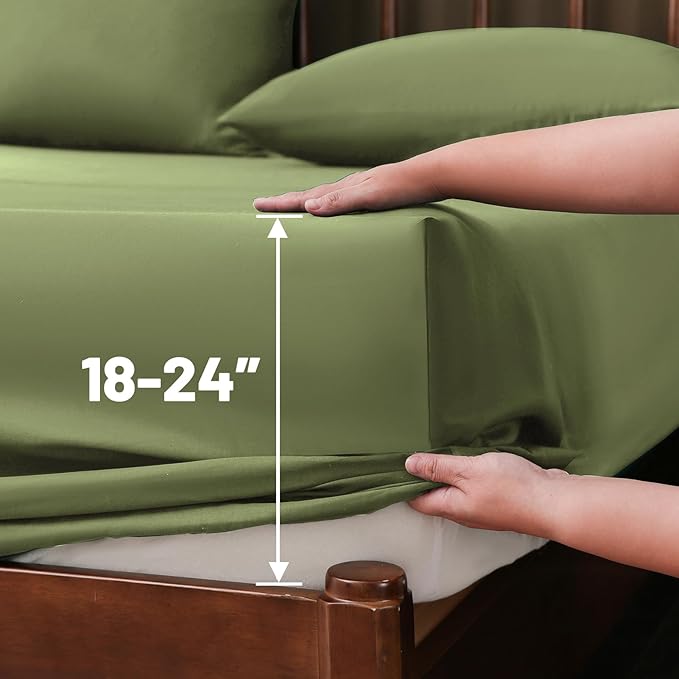 Extra Deep Pocket King Sheets 18-24 Inch 1000 Thread Count 100% Egyptian Cotton Sateen Weave Soft Breathable 4 Pieces（King，Olive Green）