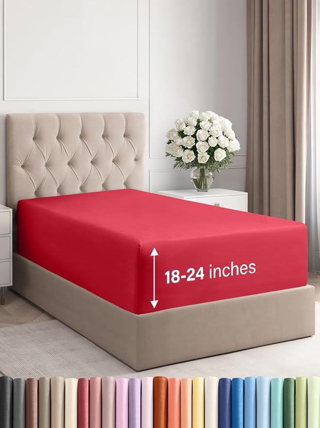 Extra Deep Twin XL Fitted Sheet - Hotel Luxury Single Fitted Sheet Only - Easily Fits 18 inch to 24 inch Mattress - Ultra Soft, Wrinkle Free w/Extra Deep Pockets - Easy-Care, Breathable & Comfy - Red