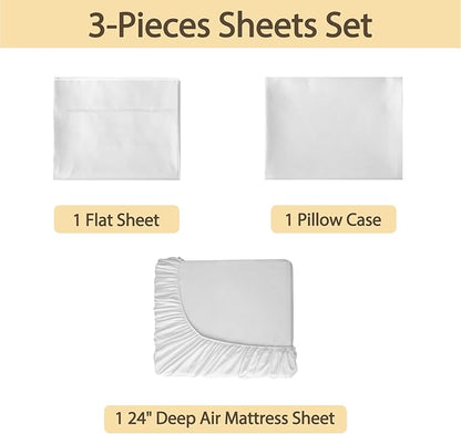 Air Mattress Sheet Set Twin Size,3 Piece Deep Pocket Bed Sheet Set for 16-24 Inch Air Bed,Easy Inflate Access,Perfect for Guest Room, RV, Camping,White