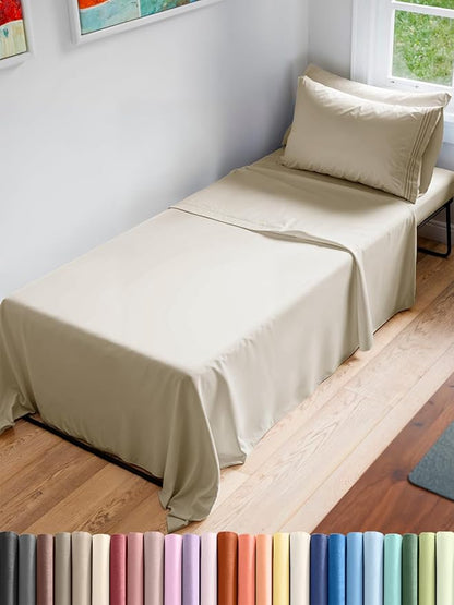 Cot Sheet Set 33” x 75” – 4 Piece Cot Size Twin Mattress Sheets – Ideal for Camper Bunk, RVs, Bunks, Day Care, Camping & Guest Beds - Fits 6” to 10” Mattress - Comfy, Breathable and Cooling - Wheat
