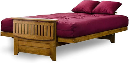 Nirvana Futons Brentwood Tray Arm Futon Sofabed Set - Full Frame, 8" Thick Burgundy Mattress, Rich Heritage Finish